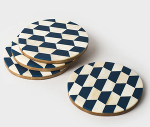SET OF 4 BLUE AND BONE GEOMETRIC COASTERS