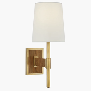 ANTIQUE BRASS SINGLE SCONCE WITH WRAPPED RATTAN DETAIL AND LINEN SHADE