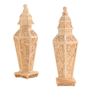 ALMOST PAIR OF PAINTED AND CARVED ASIAN URNS WITH LIDS