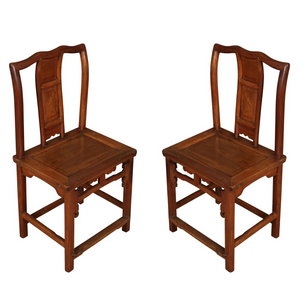 PAIR OF ASIAN WOOD CHAIRS WITH CARVED SQUARE MOTIFF