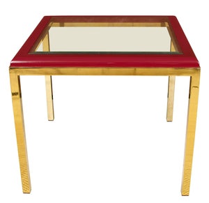 PLUM LEATHER, BRASS AND GLASS SIDE TABLE