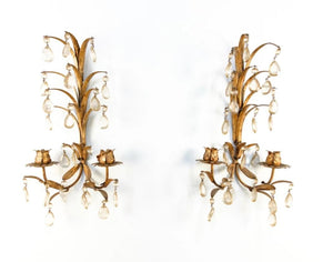 PAIR OF METAL PALM FROND GILT AND CRYSTAL WALL SCONCES