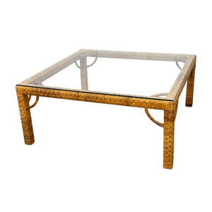 BIELECKY BROTHERS STYLE RATTAN AND GLASS COFFEE TABLE