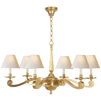 BRASS SIX LIGHT SCROLL ARM CHANDELIER