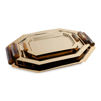 OCTAGON POLISHED GOLD TRAY WITH BONE HANDLE DETAIL